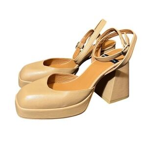 Angel Alarcon Platform Heels Womens 37 Tan Leather Square Toe Ankle Strap Spain